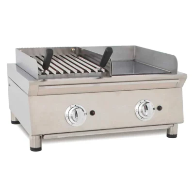 Barbacoa a gas piedra volcánica y frytop a gas cromo duro 700 mm