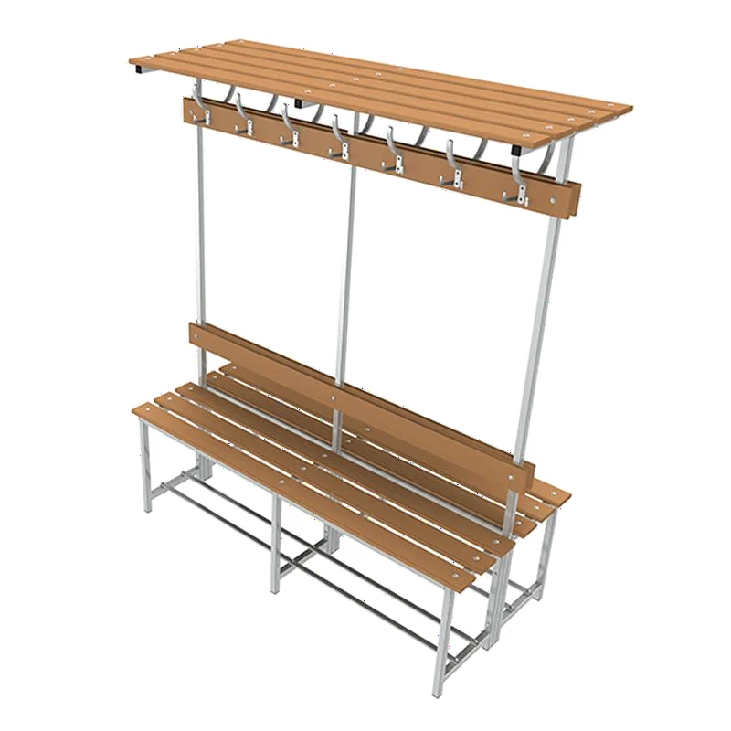 Banco doble de vestuario con repisa superior en madera y acero con perchas 1500 mm
