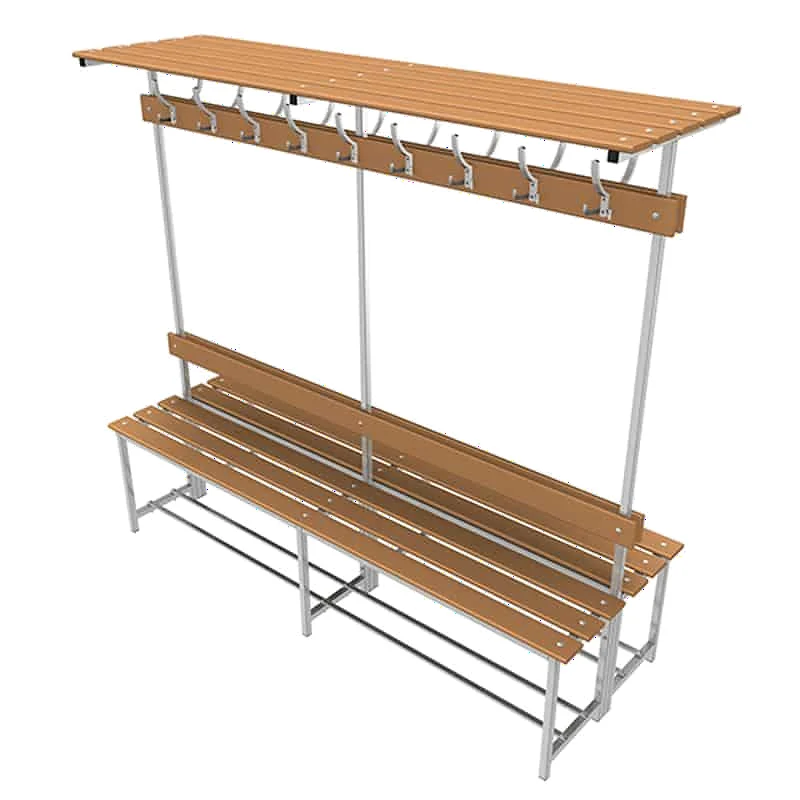 Banco doble de vestuario con repisa superior en madera y acero con perchas 2000 mm