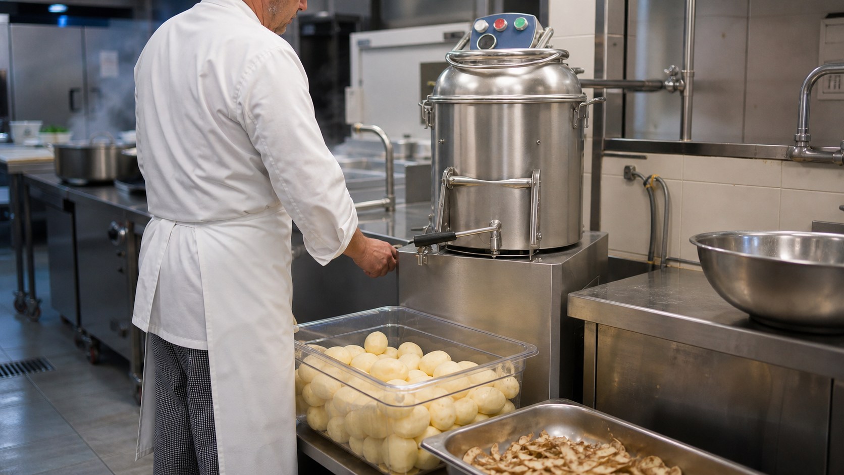 Cocinero usando una peladora de patatas industrial de Auxihostelería en restaurante