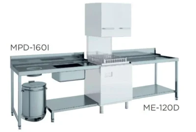 Mesa de prelavado entrada derecha dim.1600x750x850h con estante con aro desbarazado mm MPD-160D