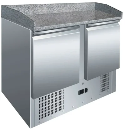 Mesa refrigerada de preparación de pizzas con encimera de granito de 1045 mm de ancho y 700 mm de fondo
