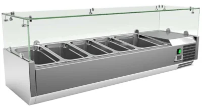 Vitrina 4 cubetas GN1/3 + 1 cubeta GN1/2 con Cúpula de Vídrio de 1400 x395 x440h mm PEKIN VRX1400380FG