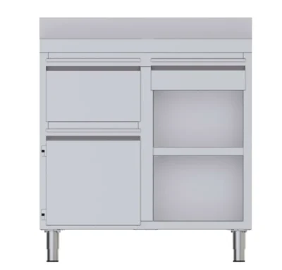Mueble Cafetero Acero Inoxidable Con Tolva a la Izquierda, 1 Estante, 1 Puerta y 1 Cajón 1000x600x1050h mm
