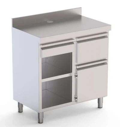 Mueble Cafetero Acero Inoxidable Con Tolva a la Derecha, 1 Estante, 1 Puerta y 1 Cajón 1000x600x1050h mm