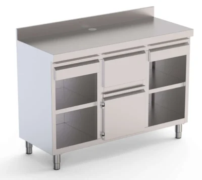 Mueble Cafetero Acero Inoxidable Con Tolva Central, 2 Estante, 1 Puerta y 2 Cajones 1500x600x1050h mm
