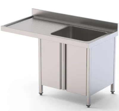 Fregadero de 2 cubas para lavavajillas con puertas correderas, fondo 600 mm