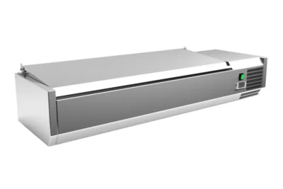 Vitrina 4 cubetas GN1/3 + 1 cubeta GN1/2 con TAPA de 1400 x395 x270h mm
