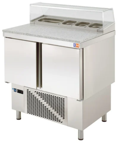 Mesa Refrigerada Compacta Preparación Encimera Granito y Expositor ingredientes GN1/6 910x700x895h mm