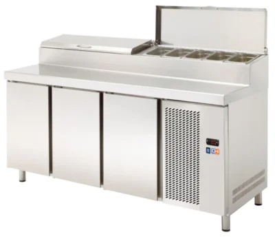 Mesa Refrigerada GN1/1 3 Puertas Preparación Encimera Inoxidable y Vitrina ingredientes GN1/3 1800x708x850h mm