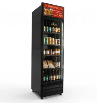 Armario Expositor Refrigerado 360 litros color Negro y Cabezal Digital LCD 18,5" WIFI Línea PEKIN EVO360B