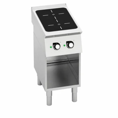 Cocina de inducción profesional de dos zonas con mueble inferior abierto
