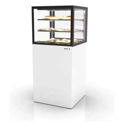 Vitrina caliente con base 60 mm 600x600x1400 mm 2 estantes 0,53 kW puerta frontal