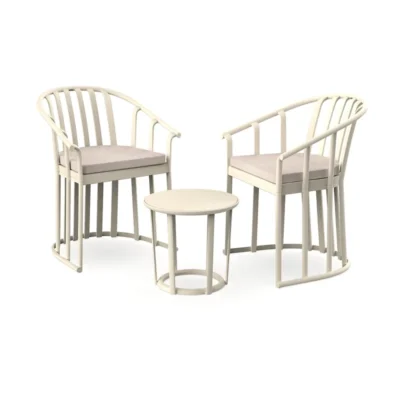 Conjunto Raff color Marfil con dos sillones, mesa redonda y cojines sobre fondo blanco