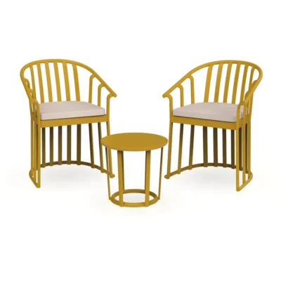Conjunto Raff color Toscano con dos sillones, mesa redonda y cojines sobre fondo blanco