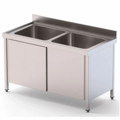 Fregadero industrial de gran capacidad con dos cubas y mueble con puertas