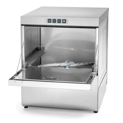 Lavavasos profesional con cesta de 500 x 500 mm y puerta abierta