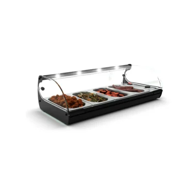 Vitrina caliente de tapas con cristal curvo baño María 840x395x245 mm y 4 cubetas GN 1/3