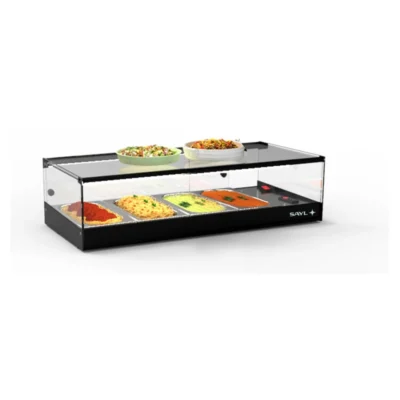 Vitrina caliente de tapas con cristal recto baño María 840x395x225 mm y 4 cubetas GN 1/3