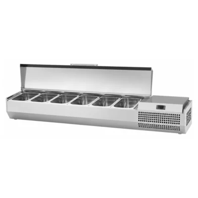 Vitrina refrigerada de ingredientes para pizza GN 1/3 de 1328 mm con tapa de acero inoxidable