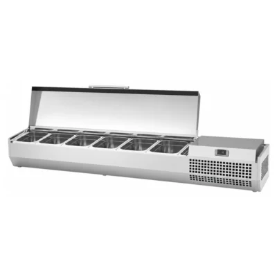 Vitrina refrigerada de ingredientes para pizza GN 1/4 de 1328 mm con tapa de acero inoxidable