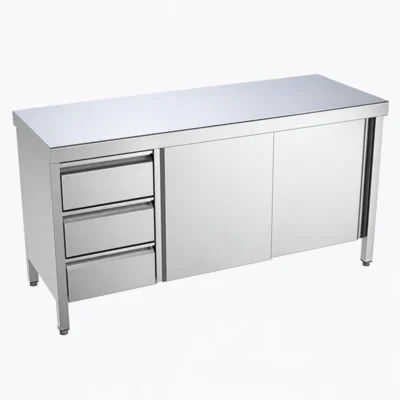 Mesa central de acero inoxidable con puertas correderas y cajones